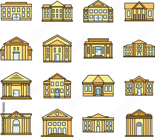 City courthouse icons set. Outline set of city courthouse vector icons thin line color flat on white