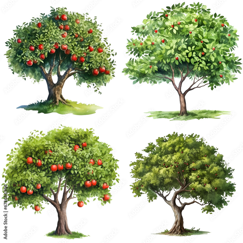 Set of apple trees watercolor illustration isolated on transparent background
