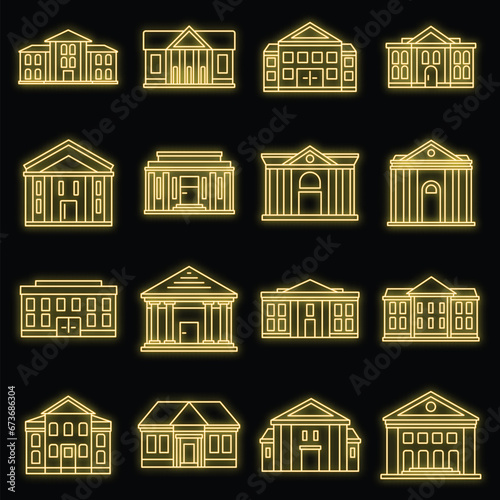 City courthouse icons set. Outline set of city courthouse vector icons neon color on black photo