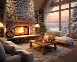 A cozy den nestled within a grand building, adorned with a stone fireplace and a large window overlooking the bustling city, complete with plush furniture and a warm hearth to melt away the stress of