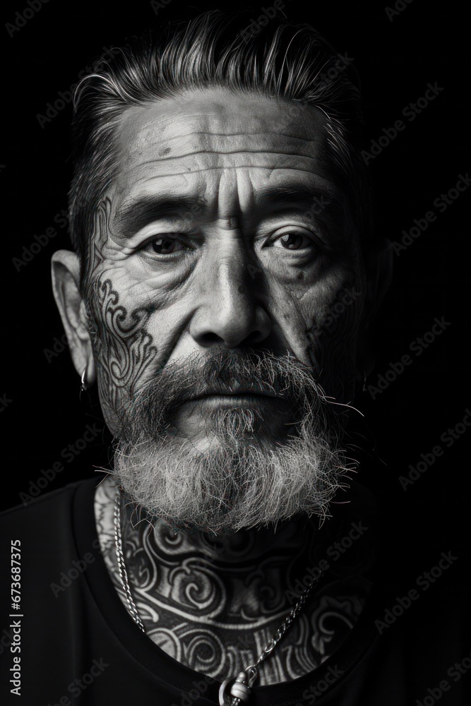 A rugged, mysterious man with a striking tattoo and a well-groomed beard gazes out from the portrait, his moustache adding to his rugged charm as wrinkles and furrows on his forehead and jaw hint at A rugged, mysterious man with a striking tattoo and a well-groomed beard gazes out from the portrait, his moustache adding to his rugged charm as wrinkles and furrows on his forehead and jaw hint at
