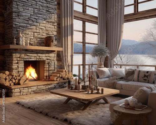 Cozy meets elegance in a stunning living room with a roaring fireplace, adorned with stone walls and plush furniture, all while basking in natural light pouring through the large window