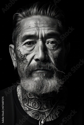 A rugged, mysterious man with a striking tattoo and a well-groomed beard gazes out from the portrait, his moustache adding to his rugged charm as wrinkles and furrows on his forehead and jaw hint at 