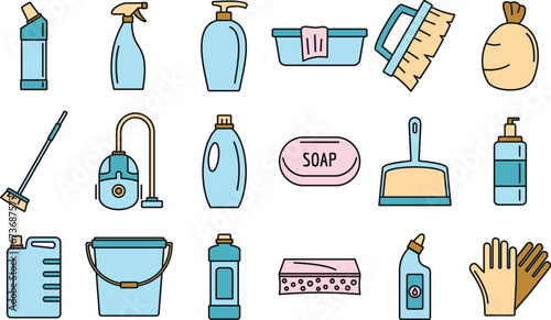 Commercial cleaner equipment icons set. Outline set of commercial cleaner equipment vector icons thin line color flat on white