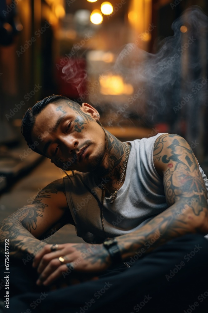 The human canvas was adorned with intricate inked patterns, his flesh a portrait of rebellion and self-expression, clad in clothing that matched his untamed spirit The human canvas was adorned with intricate inked patterns, his flesh a portrait of rebellion and self-expression, clad in clothing that matched his untamed spirit