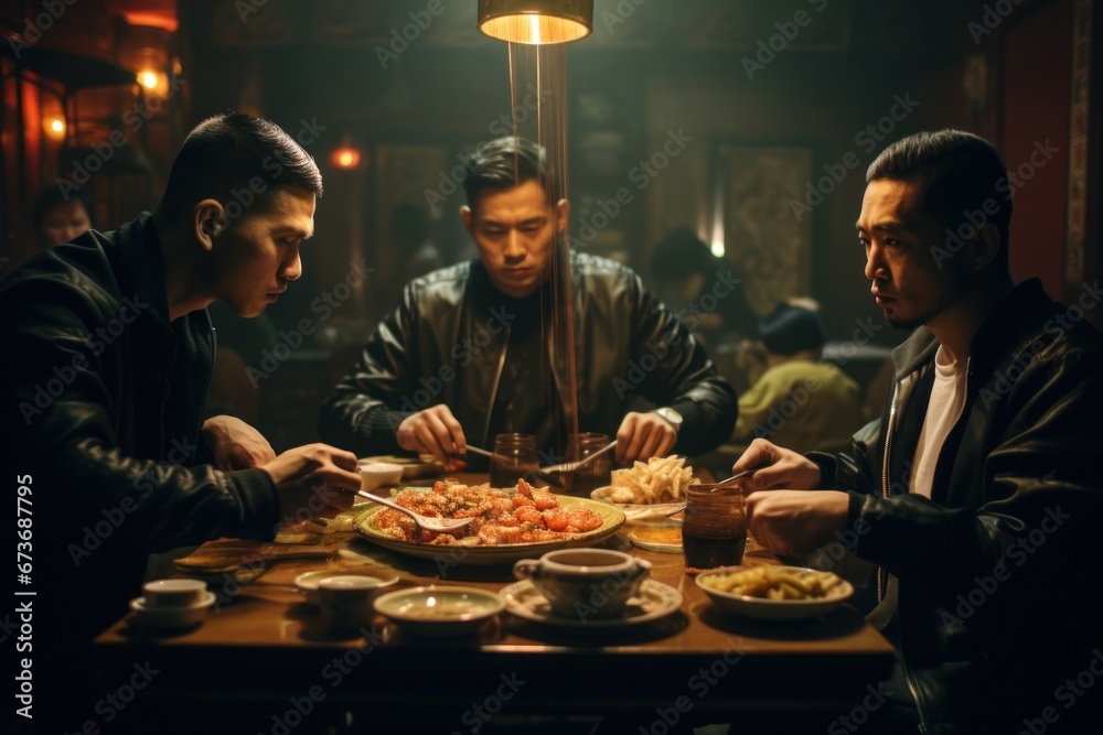 A dynamic group of fashionable men enjoy a lavish indoor meal, their clothing exuding confidence as they sit at the elegant table adorned with delectable food, surrounded by the warm embrace of the w A dynamic group of fashionable men enjoy a lavish indoor meal, their clothing exuding confidence as they sit at the elegant table adorned with delectable food, surrounded by the warm embrace of the w