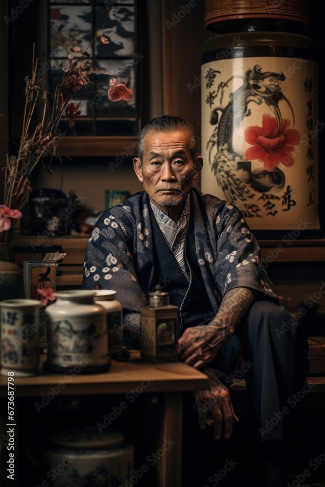 A solitary man, dressed in fine clothing, sits at an indoor table adorned with a vase of vibrant flowers and a striking painting on the wall, lost in contemplation A solitary man, dressed in fine clothing, sits at an indoor table adorned with a vase of vibrant flowers and a striking painting on the wall, lost in contemplation