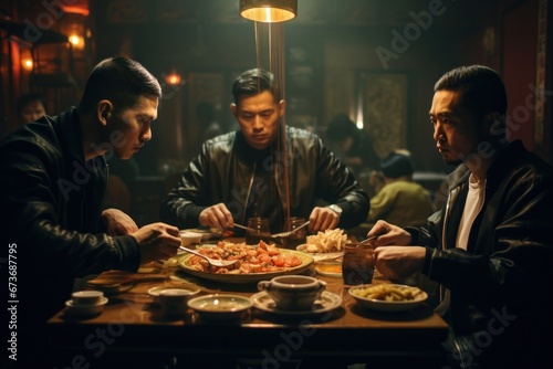 A dynamic group of fashionable men enjoy a lavish indoor meal  their clothing exuding confidence as they sit at the elegant table adorned with delectable food  surrounded by the warm embrace of the w