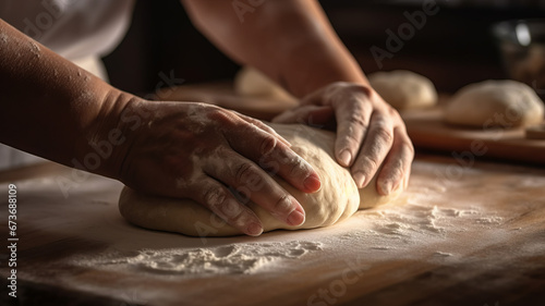 Close up of hand kneading the dough on the table in the kitchen photo