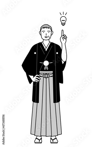 アイデアを思いついた紋付袴姿のシニア男性、お正月の初詣や結婚式で