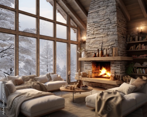 A cozy indoor sanctuary, adorned with plush furniture and warm pillows, surrounds a hearth and fireplace, inviting you to snuggle up on the couches and gaze out the window at the winter wonderland be © mockupzord