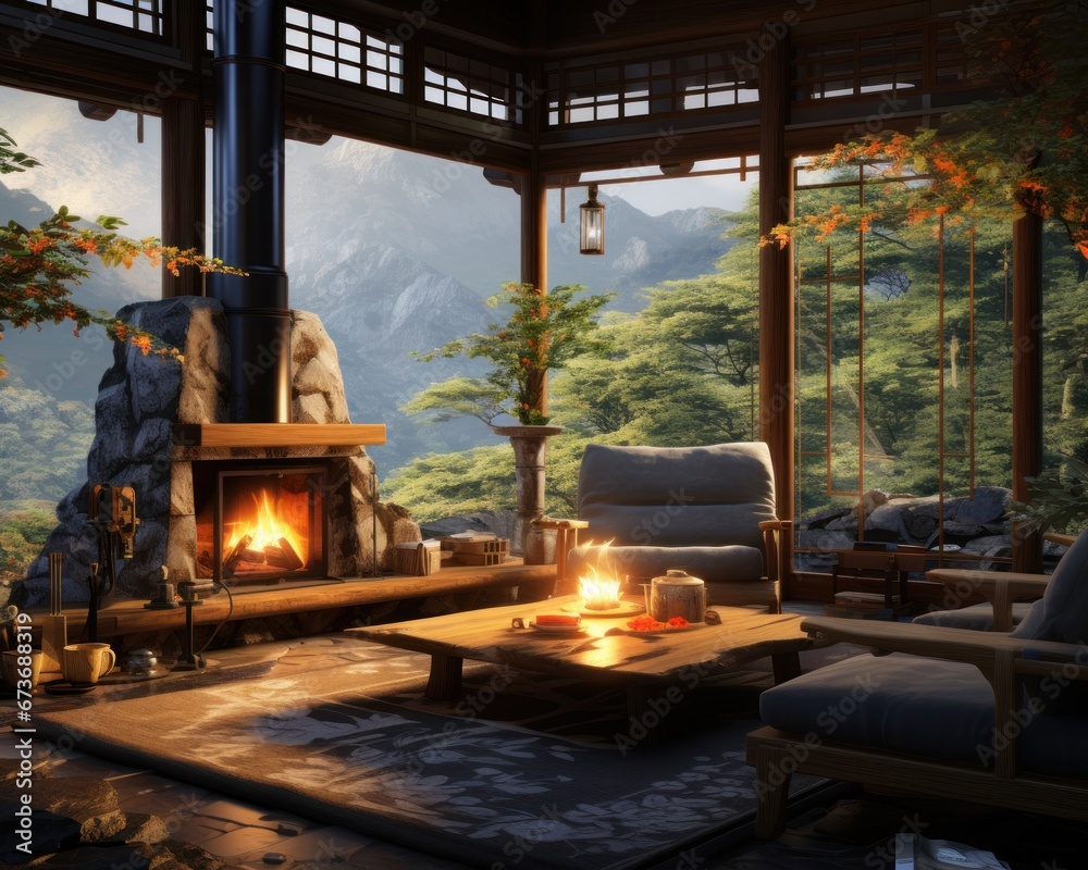 Amidst the rugged mountain landscape, a cozy indoor room with a roaring fireplace and a comfortable couch awaits, nestled among towering trees and inviting both relaxation and adventure Amidst the rugged mountain landscape, a cozy indoor room with a roaring fireplace and a comfortable couch awaits, nestled among towering trees and inviting both relaxation and adventure