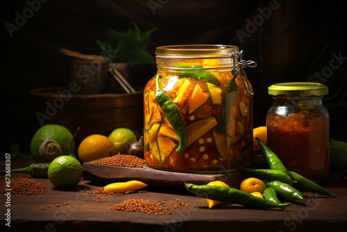 Freen chili pickle in a glass jar photo