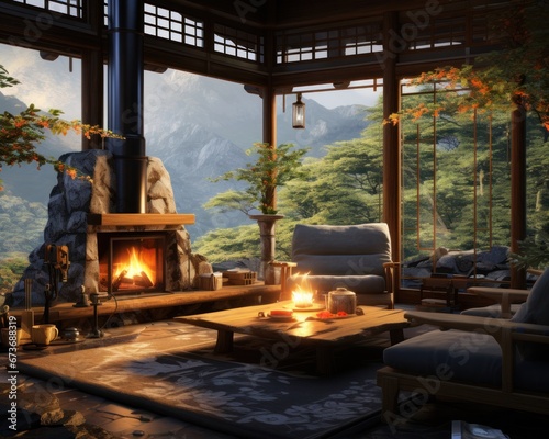 Amidst the rugged mountain landscape, a cozy indoor room with a roaring fireplace and a comfortable couch awaits, nestled among towering trees and inviting both relaxation and adventure