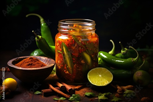 Freen chili pickle in a glass jar photo