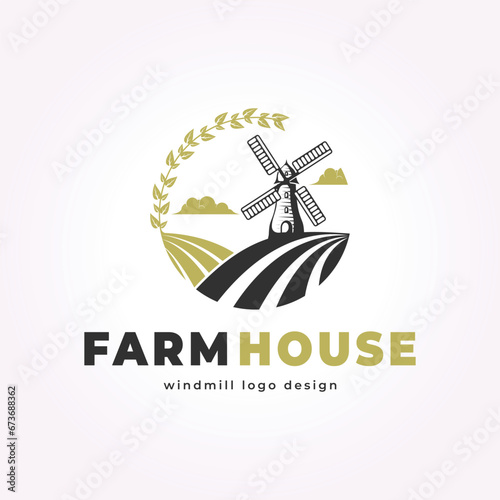 rice badge of windmill logo vector, farmhouse field vintage retro design illustration template