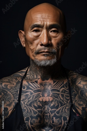 Bold and fearless, a man's chest serves as a living canvas for intricate tattoos, revealing a glimpse into his flesh and soul with each striking portrait