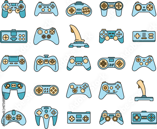 Gaming joystick icons set. Outline set of gaming joystick vector icons thin line color flat on white
