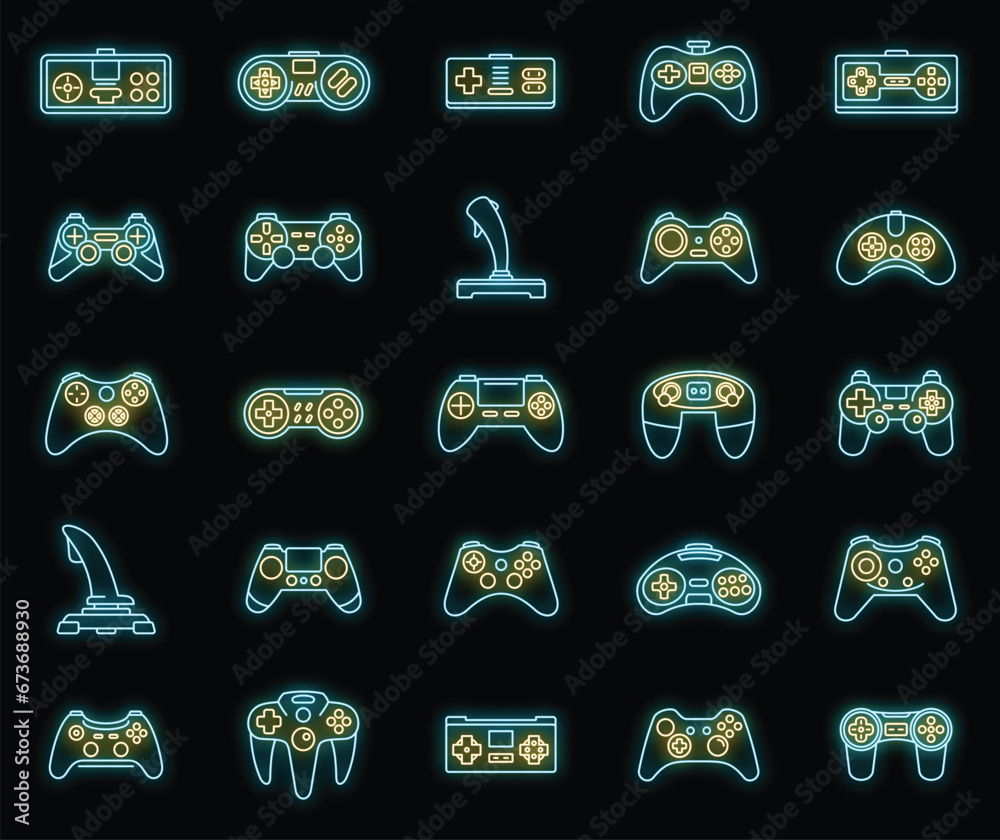 Gaming joystick icons set. Outline set of gaming joystick vector icons neon color on black