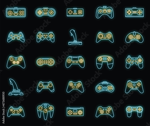 Gaming joystick icons set. Outline set of gaming joystick vector icons neon color on black