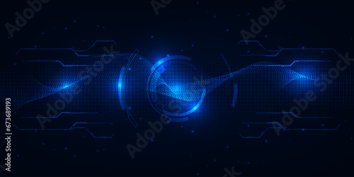 Vector illustration of futuristic digital technology background with circle tech head up display,horizontal grid field and hi tech wavy wireframe and circuits network for advertising and game graphic 