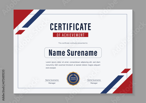 red and blue minimalist horizontal certificate of achievement design template with gold badge