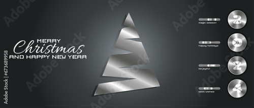 Merry christmas and happy new year background with 3d abstract christmas tree, volume button, lettering, figure and number. Greeting card with winter season lettering typography. Elegant silver design