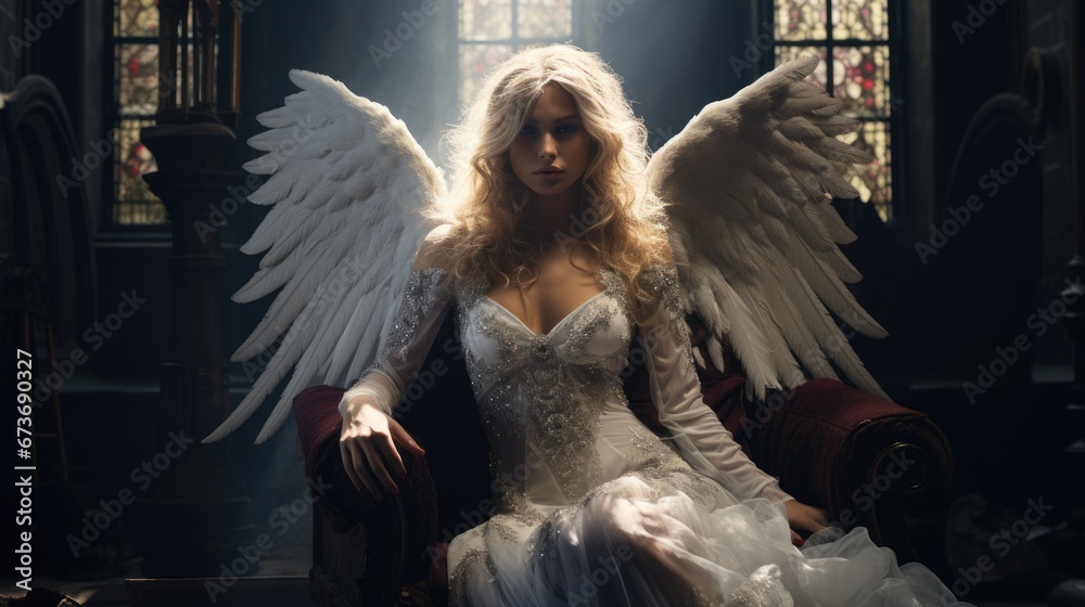 Beautiful fallen angel, attractive peaceful girl woman in dark dramatic style, angel wings and virgin tenderness