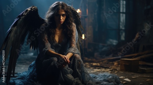 Beautiful fallen angel, attractive peaceful girl woman in dark dramatic style, angel wings and virgin tenderness