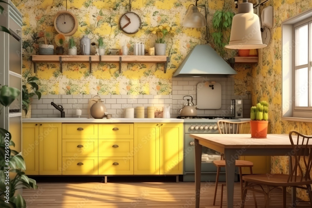 The modern interior design of the kitchen with yellow cabinets. Created wth Ai