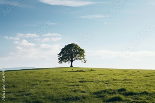 Single tree stand alone in a green field with beautiful sky and white clouds on a sunny day