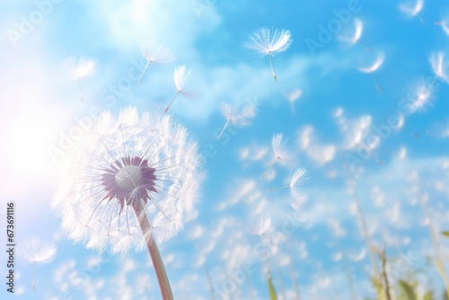 Dandelion Seeds Floating in Sunlight Over Fresh Green Morning with beautiful sun and blue sky.