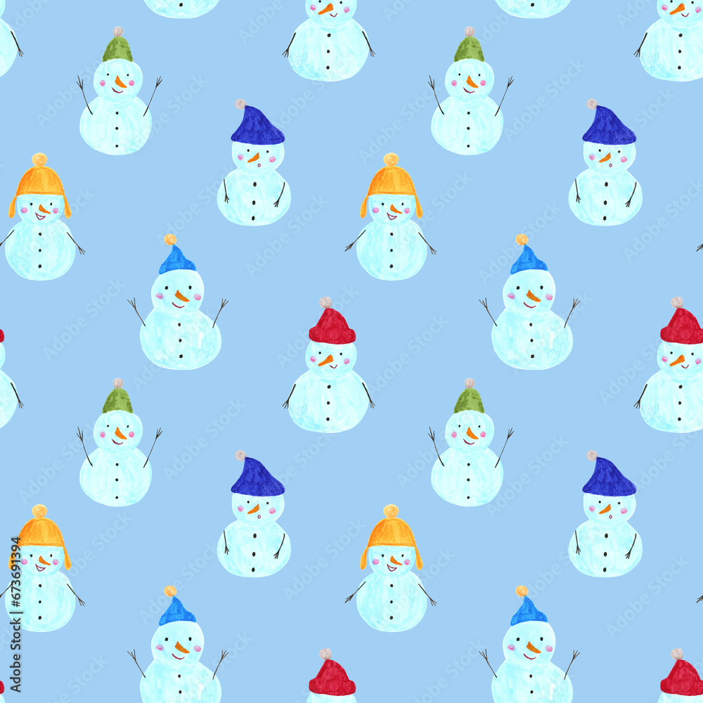Cute snowman seamless pattern for fabric und textile design, wallpaper, wrapping, surface design, decoration.