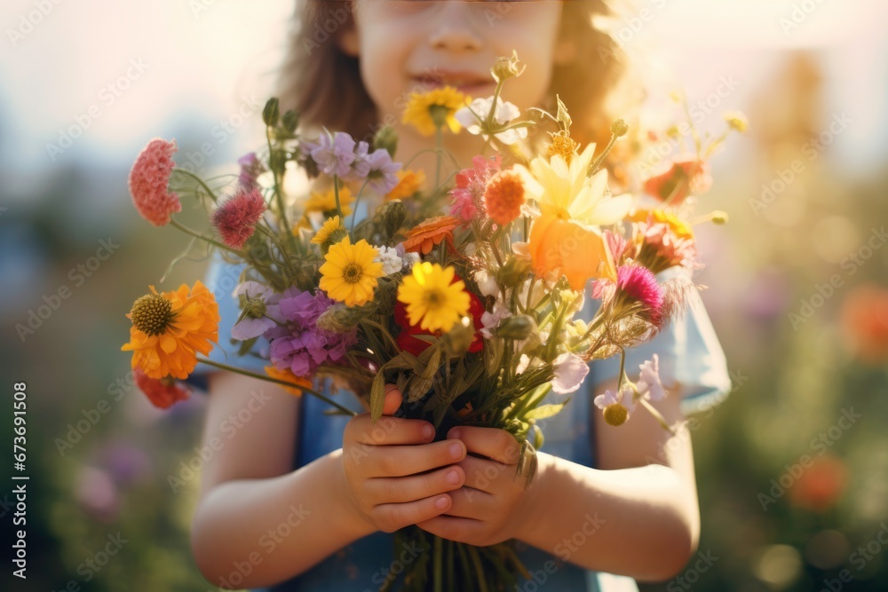 Naklejka premium Close up hand of cute girl holding flowers for giving.