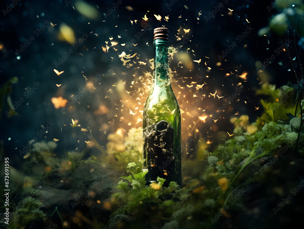 Obraz premium Champagne Bottle and Glowing Glasses on a Sparkling Background - Party Time, Copy Space on foret. Happy new Year