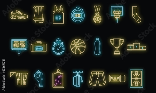 Basketball game equipment icons set. Outline set of basketball game equipment vector icons neon color on black