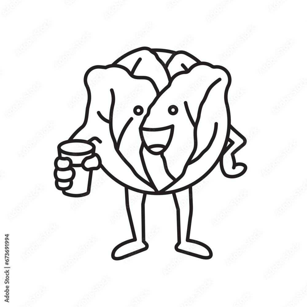 Fototapeta premium Kawaii cabbage character holding drinking glass for Cabbage Day on February 17. Healthy food and drink outline symbol.