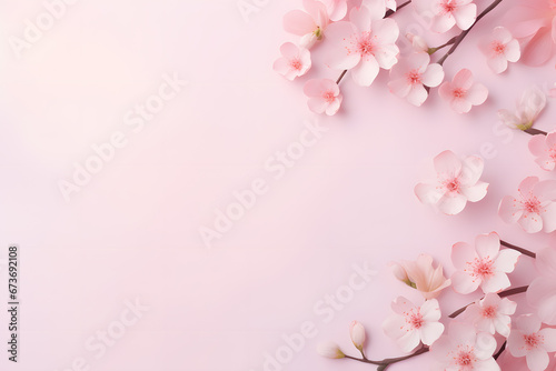 Pink spring flowers at side of pastel pink background with empty copy space photo