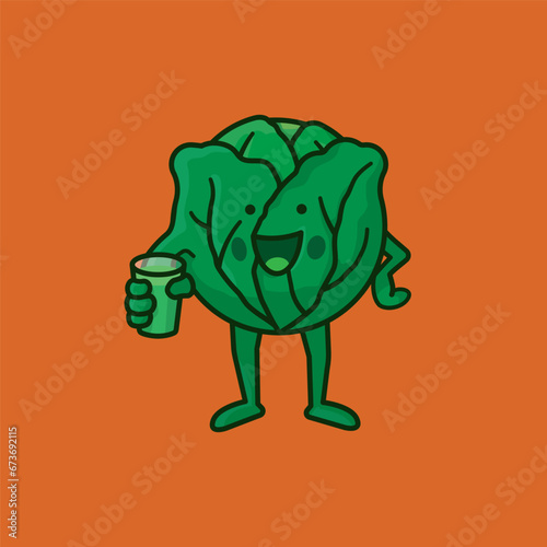 Cabbage Kawaii character with green vegetable smoothie drink vector illustration for Cabbage Day on February 17. Symbol of healthy eating.