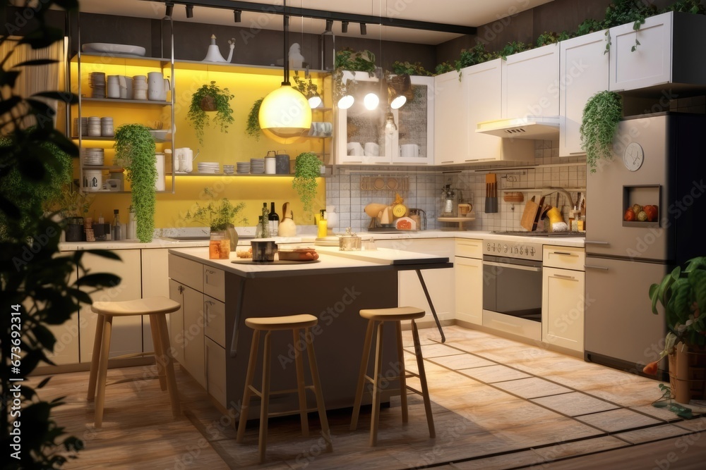 Modern yellow color kitchen interior design with table and wooden chairs. Created with Ai