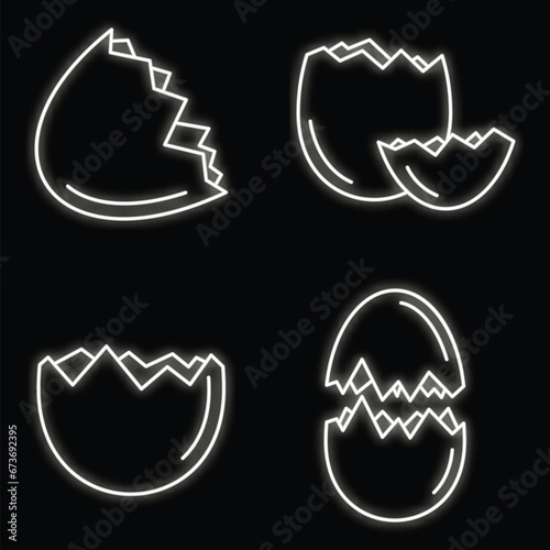 Broken eggshell icons set. Outline set of broken eggshell vector icons neon color on black
