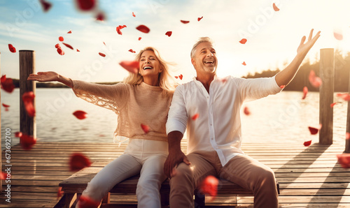 freudig lachendes Paar wirft Rosenblätter in die Luft am See photo