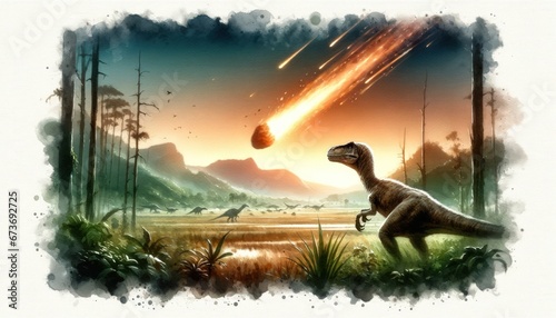 Prehistoric watercolor scene with Velociraptor.
