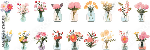 Set of cute childish flower vases drawn on a white background.