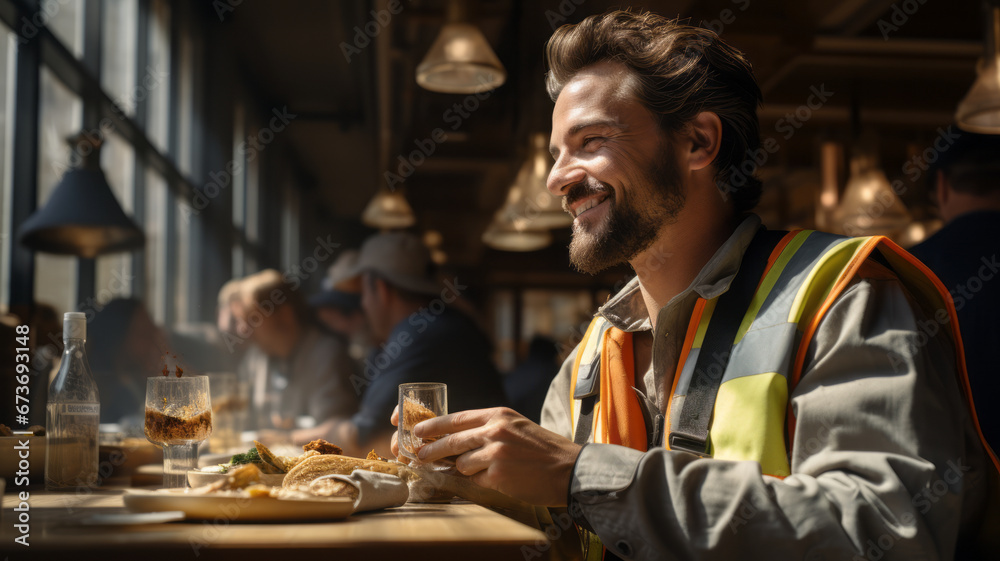 Happy construction worker dining in site cafeteria .Generative AI Happy construction worker dining in site cafeteria .Generative AI
