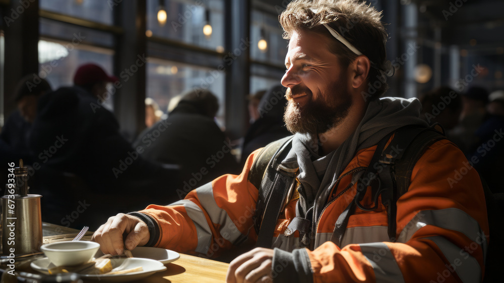 Happy construction worker dining in site cafeteria .Generative AI Happy construction worker dining in site cafeteria .Generative AI