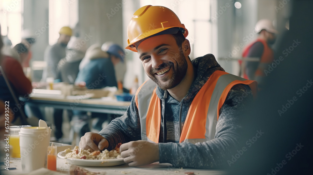 Happy construction worker dining in site cafeteria generative ai