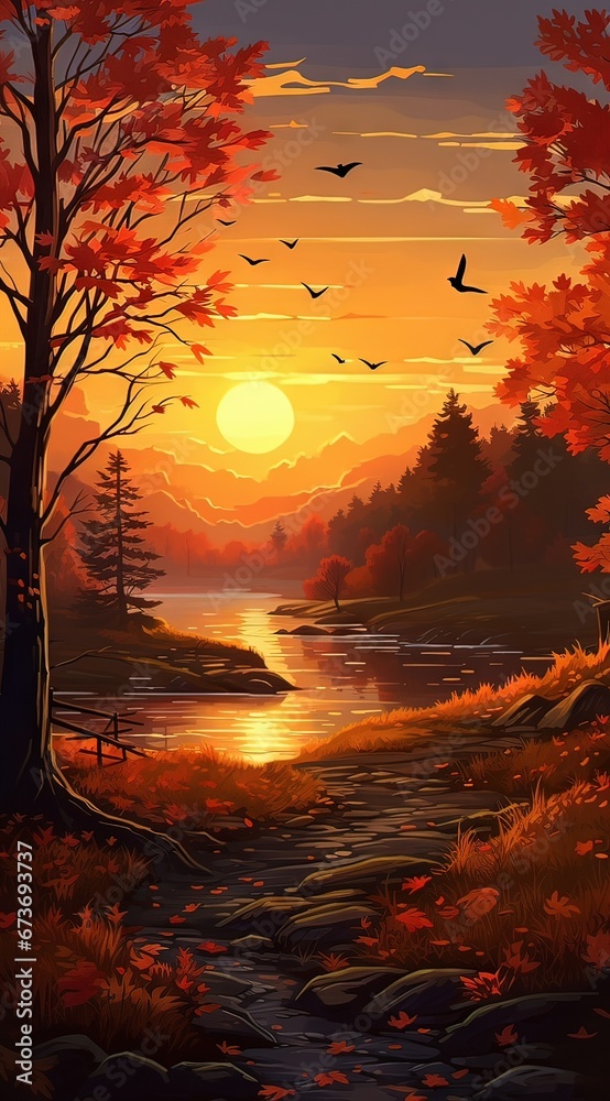 Sunset on the lake. AI generated art illustration. Sunset on the lake. AI generated art illustration.