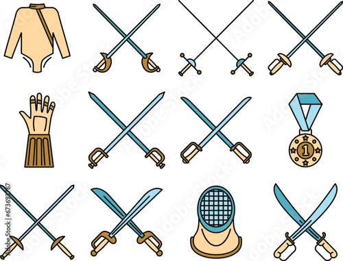 Fencing sport icons set. Outline set of fencing sport vector icons thin line color flat on white
