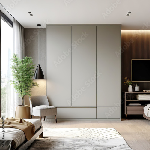 Grey wardrobe in scandinavian style interior design of modern bedroom. photo